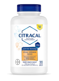 Slow Release 1200, 1200 mg Calcium Citrate and Calcium Carbonate Blend with 1000 IU Vitamin D3, Bone Health Supplement for Adults, Once Daily Caplets, 185 Count