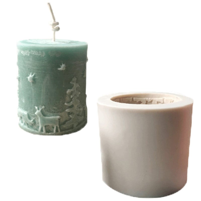 3D Cylinder Christmas Candle MoldsSilicone Soap Mold Embossed Christmas Tree  Elk Reindeer Pattern for Home Party Decoration Random Mold Color