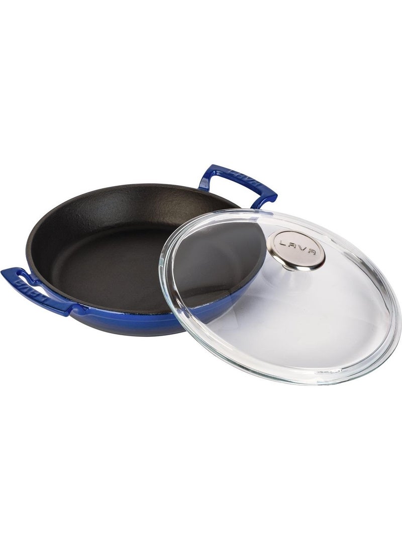 Lava Casting Round Pan with Glass Lid, Cast Iron Monolithic Double Handle Diameter (Ø) 24cm. - Blue  - Image 3