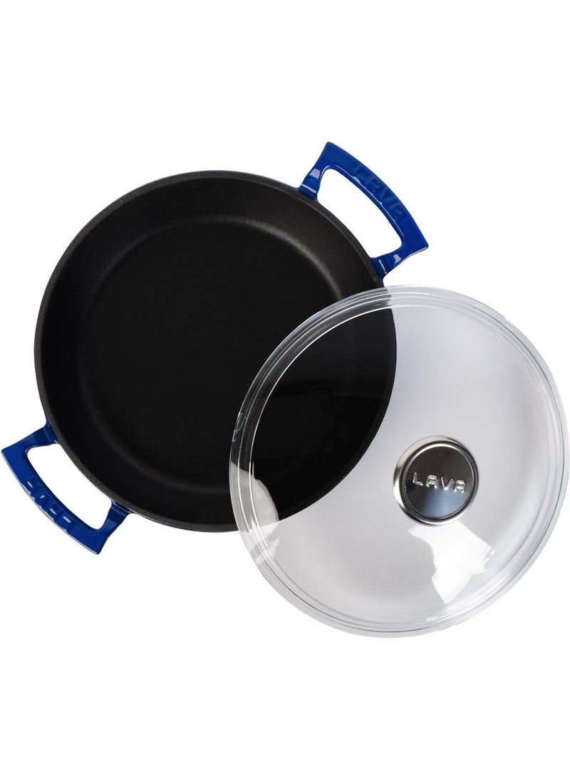 Lava Casting Round Pan with Glass Lid, Cast Iron Monolithic Double Handle Diameter (Ø) 24cm. - Blue  - Image 2