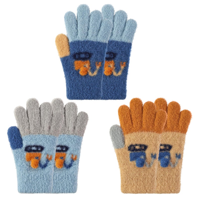 MIG4U Kids Winter Gloves 3 Pairs Warm Fuzzy Gloves for Boys and Girls, Soft Thermal Mittens for Cold Weather, Unisex Childrenâ€™s Thick Cozy Playground Gloves Age 4-6, Mini Excavator - Image 1