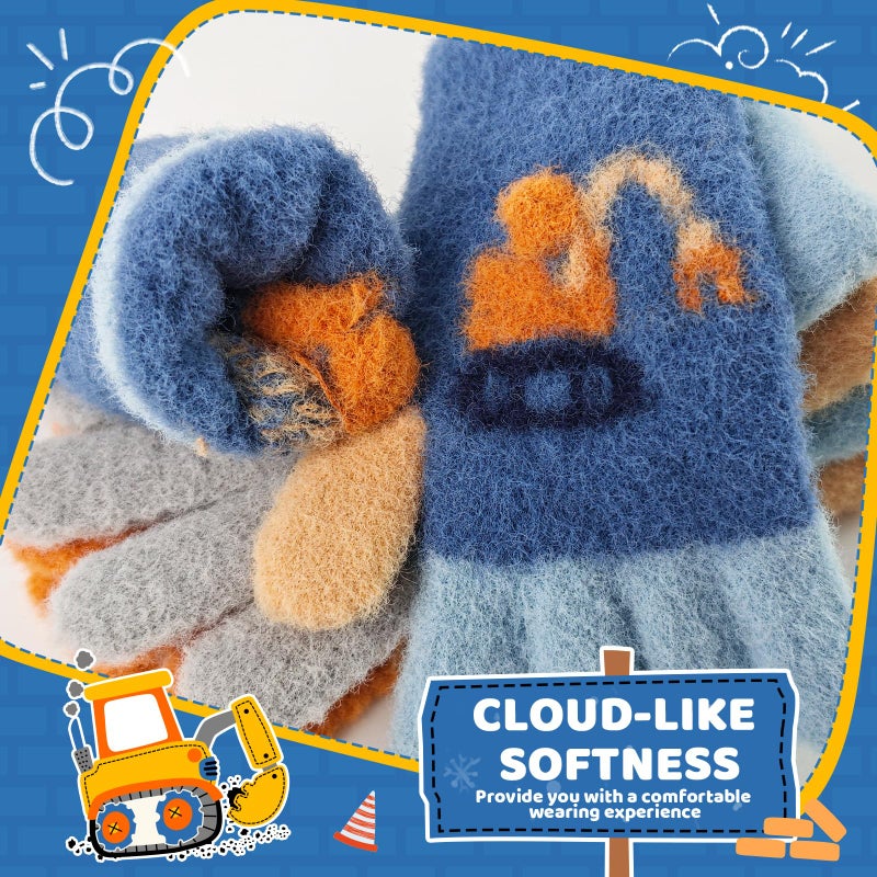 MIG4U Kids Winter Gloves 3 Pairs Warm Fuzzy Gloves for Boys and Girls, Soft Thermal Mittens for Cold Weather, Unisex Childrenâ€™s Thick Cozy Playground Gloves Age 4-6, Mini Excavator - Image 2