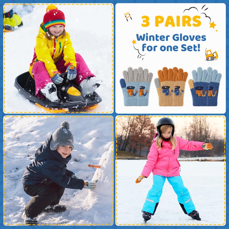 MIG4U Kids Winter Gloves 3 Pairs Warm Fuzzy Gloves for Boys and Girls, Soft Thermal Mittens for Cold Weather, Unisex Childrenâ€™s Thick Cozy Playground Gloves Age 4-6, Mini Excavator - Image 5