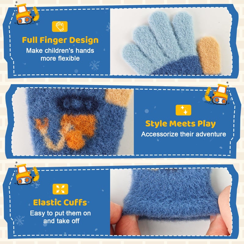 MIG4U Kids Winter Gloves 3 Pairs Warm Fuzzy Gloves for Boys and Girls, Soft Thermal Mittens for Cold Weather, Unisex Childrenâ€™s Thick Cozy Playground Gloves Age 4-6, Mini Excavator - Image 3