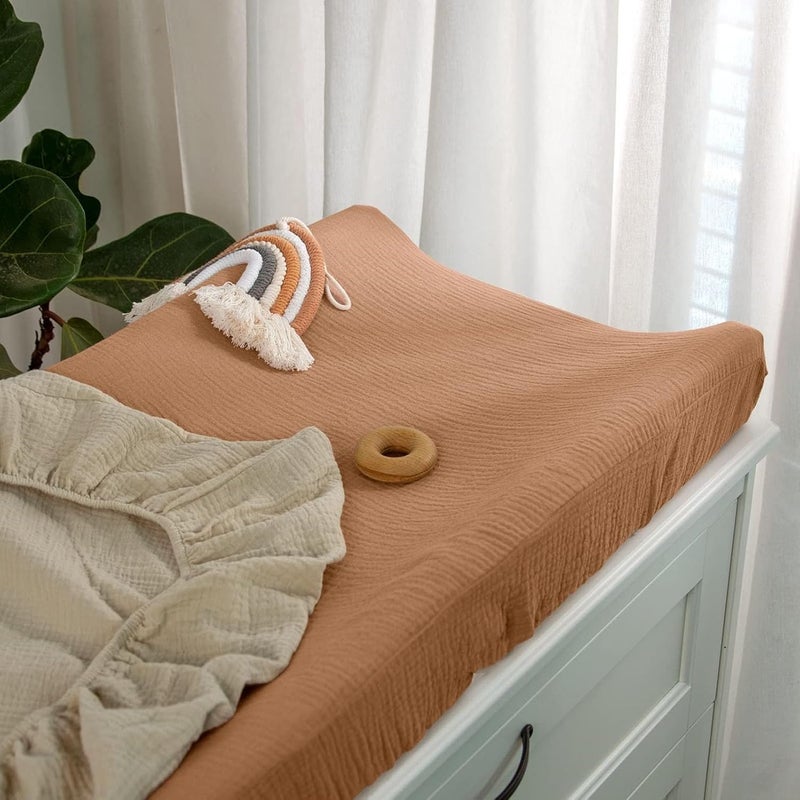 2pcs Soft Breathable Diaper Changing Pad Cover, 360° Elastic Double Layered Fabric, Fits Most Standard Changing Pads for Newborns and Babies (Coffee Apricot) - Image 3
