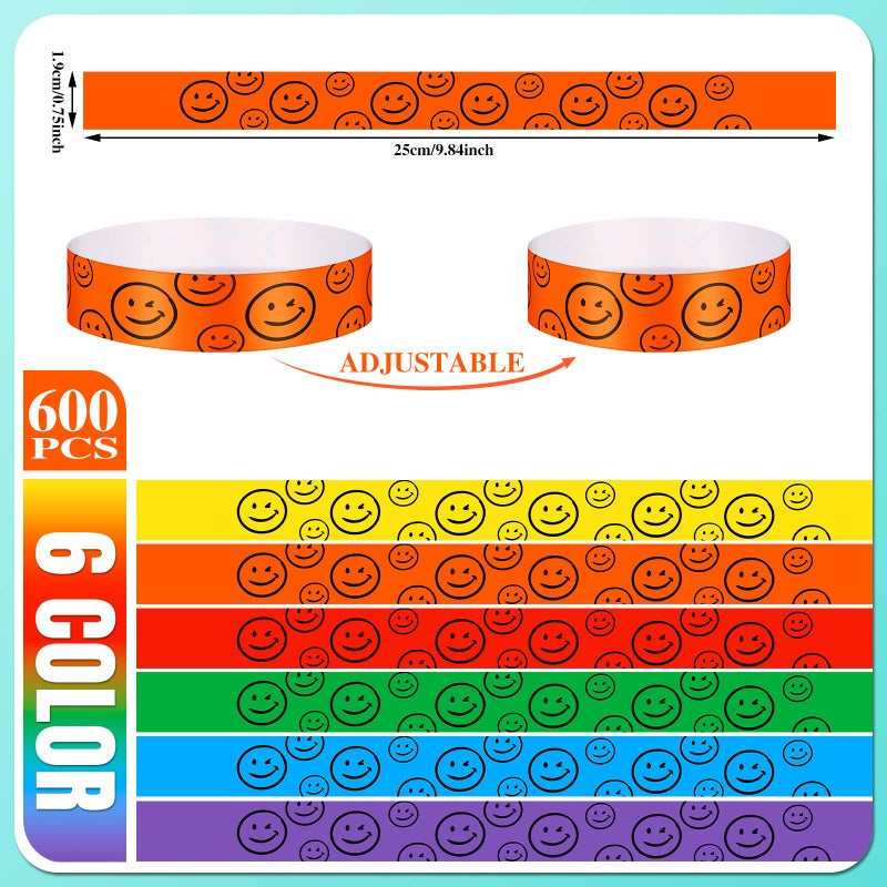 Sratte 600 Pcs Paper Wristbands for Events Colored Waterproof Lightweight Event Wrist Bands Wristbands Smiling Face Variety Pack Adhesive Hand Bands for Clubs Concert Party Playground Parades - Image 3