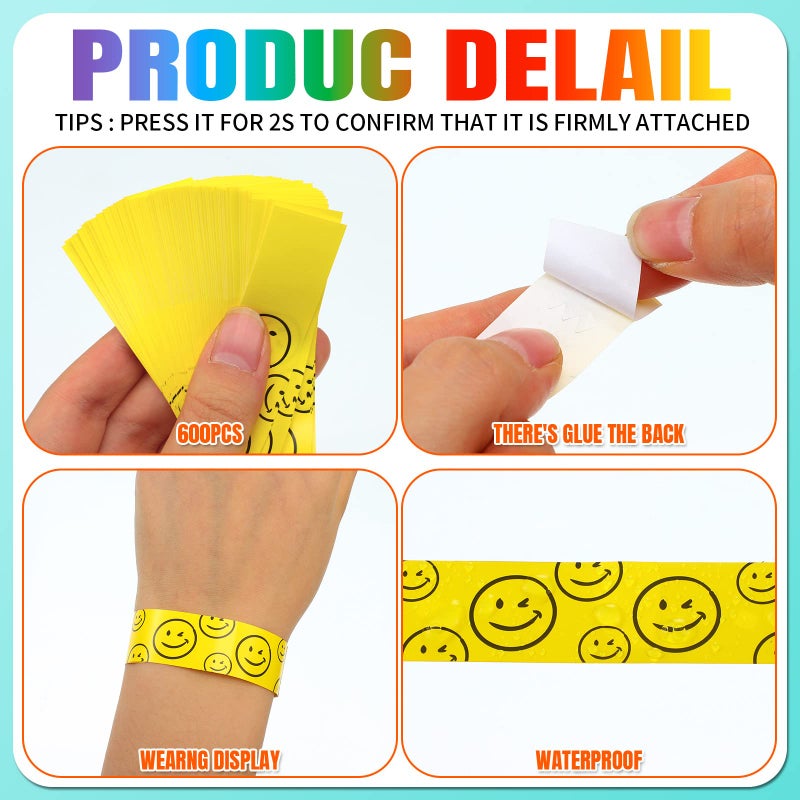 Sratte 600 Pcs Paper Wristbands for Events Colored Waterproof Lightweight Event Wrist Bands Wristbands Smiling Face Variety Pack Adhesive Hand Bands for Clubs Concert Party Playground Parades - Image 4