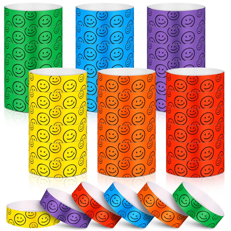Sratte 600 Pcs Paper Wristbands for Events Colored Waterproof Lightweight Event Wrist Bands Wristbands Smiling Face Variety Pack Adhesive Hand Bands for Clubs Concert Party Playground Parades - Image 1