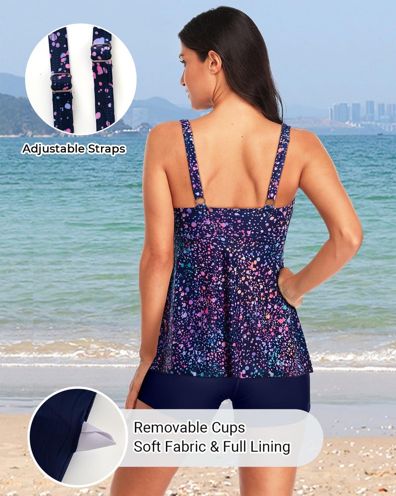 Yonique Women 2 Piece Flowy Tankini Swimsuits with Boyshorts V Neck Swim Tank Tops Bathing Suits Modest Swimwear Star Whole Sky L - Image 3