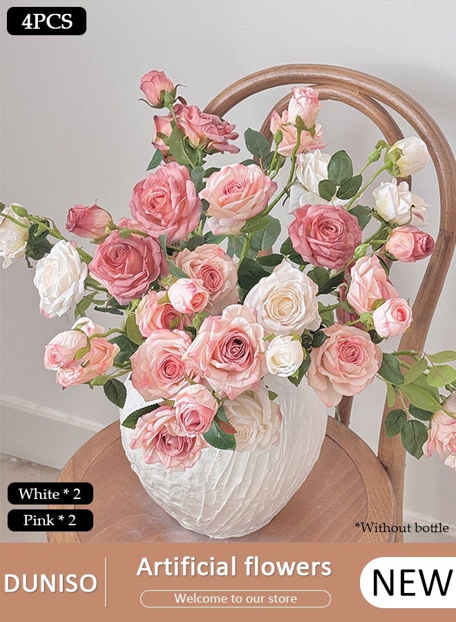 DUNISO 4 PCSRoses Artificial Flowers, Artificial Multicolored Roses Flower Stems,Light Pink and White Roses Fake Flower, Realistic Flower Arrangements, Bridal Wedding Bouquet, Decorative Faux Floral for Home Party Office Hotel Table Kitchen Decor - Image 1