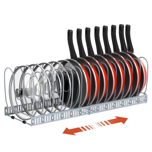 Housolution Pot and Pan Organizer Rack for Cabinet, Upgraded Expandable Pot Lid Organizer with 14 Adjustable Dividers, Pan Holder Storage Rack for Kitchen Cabinet, Grey - Image 1