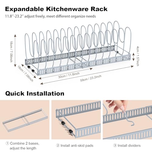Housolution Pot and Pan Organizer Rack for Cabinet, Upgraded Expandable Pot Lid Organizer with 14 Adjustable Dividers, Pan Holder Storage Rack for Kitchen Cabinet, Grey - Image 5