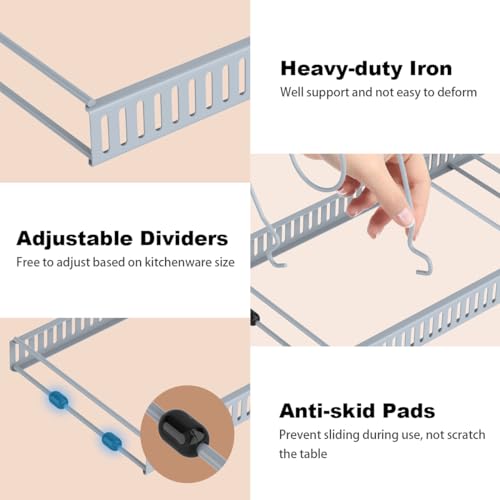 Housolution Pot and Pan Organizer Rack for Cabinet, Upgraded Expandable Pot Lid Organizer with 14 Adjustable Dividers, Pan Holder Storage Rack for Kitchen Cabinet, Grey - Image 3