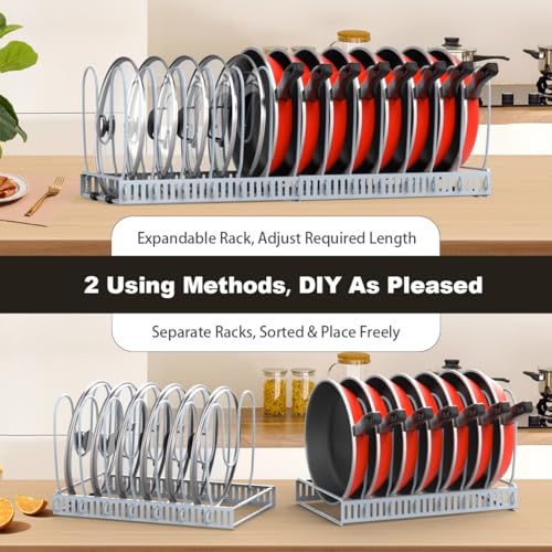Housolution Pot and Pan Organizer Rack for Cabinet, Upgraded Expandable Pot Lid Organizer with 14 Adjustable Dividers, Pan Holder Storage Rack for Kitchen Cabinet, Grey - Image 4