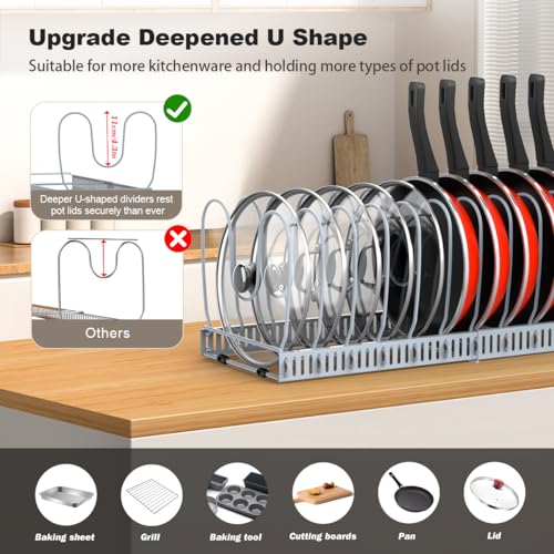 Housolution Pot and Pan Organizer Rack for Cabinet, Upgraded Expandable Pot Lid Organizer with 14 Adjustable Dividers, Pan Holder Storage Rack for Kitchen Cabinet, Grey - Image 2