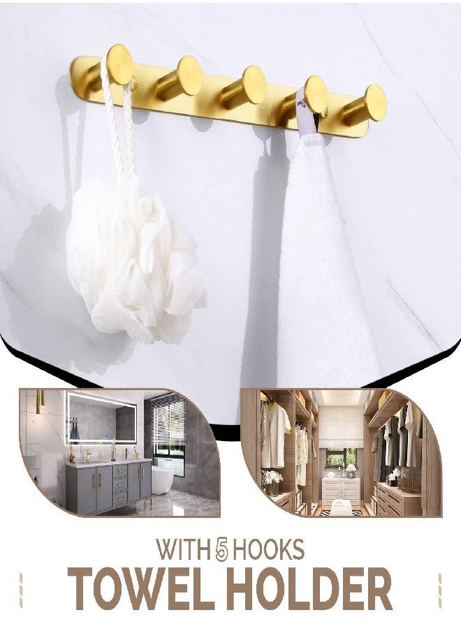 Angle Simple Angle Simple Towel Hook Rack Brushed Gold, SUS304 Stainless Steel Bathroom Hook Rail 5 Hooks, Utility Kitchen Towel Holder, Wall Mount  - Image 2