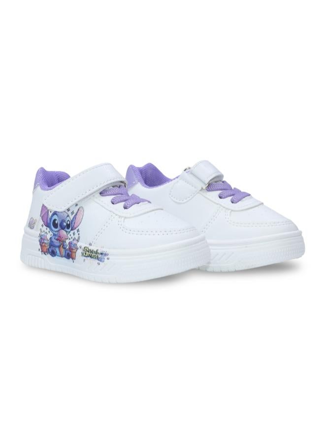 Baby Girls Leather Sneakers – Purple with Stitch & Ice Cream Print - Image 1