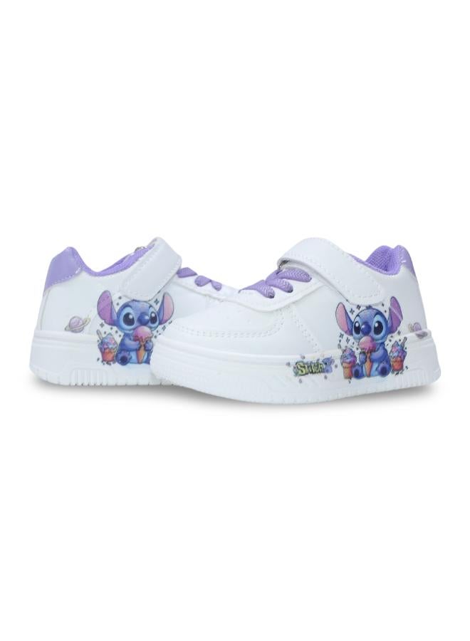 Baby Girls Leather Sneakers – Purple with Stitch & Ice Cream Print - Image 2