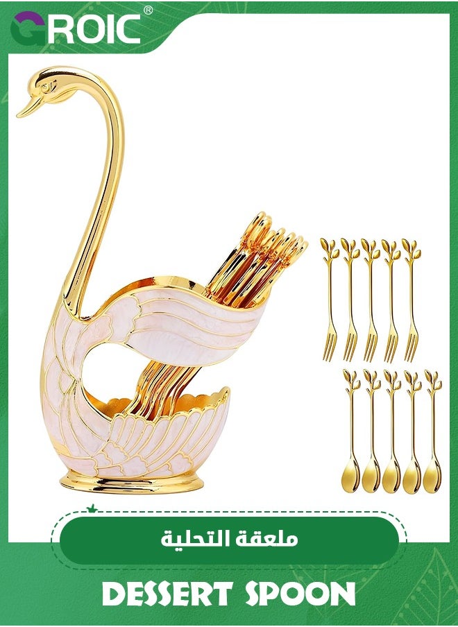 GROIC - Dessert Spoon and Fork Holder, Fruit Dessert Flatware Swan Base with 5 Forks and 5 Spoons, Holder Spoon Organizer, Coffee Dessert Sugar Flatware (Gold, Swan Base with cutlery) - Image 1