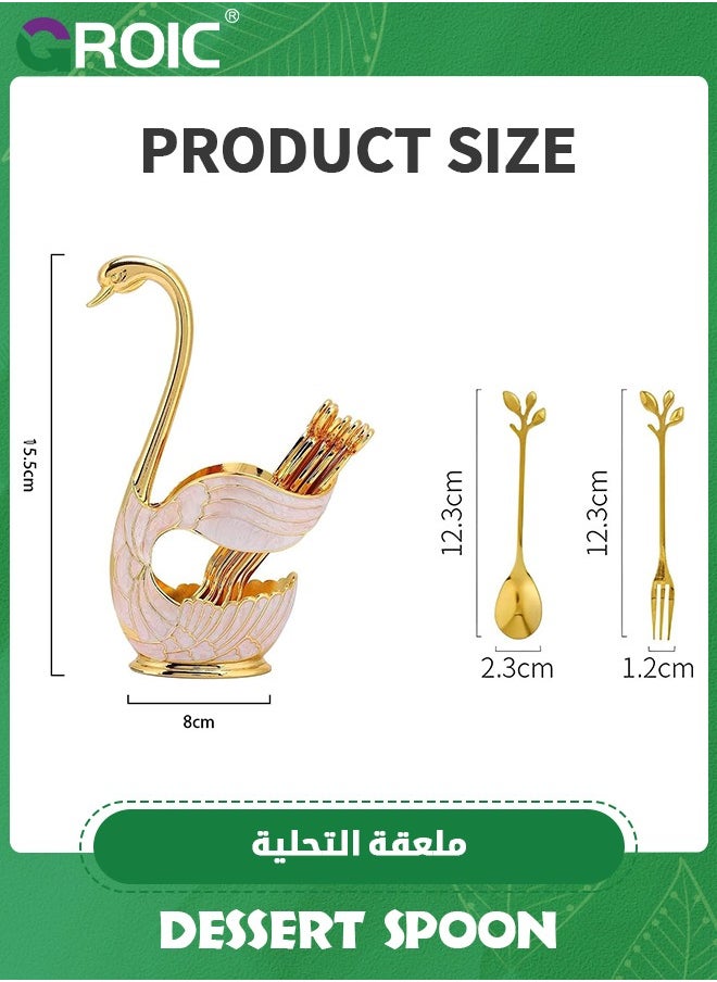 GROIC - Dessert Spoon and Fork Holder, Fruit Dessert Flatware Swan Base with 5 Forks and 5 Spoons, Holder Spoon Organizer, Coffee Dessert Sugar Flatware (Gold, Swan Base with cutlery) - Image 1