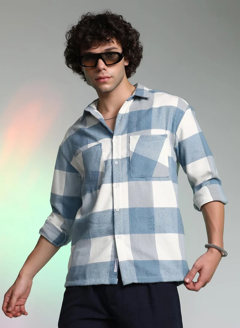 Campus Sutra Campus Sutra Men's Powder Blue Buffalo Utility Shacket For Casual Wear | Spread Collar | Long Cuffed Sleeves | Button Closure | Overshirt/Shacket Crafted With Comfort Fit For Everyday Wear