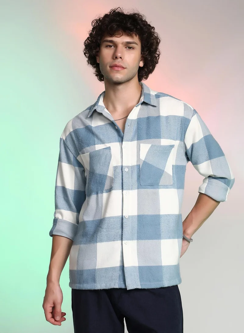Campus Sutra Campus Sutra Men's Powder Blue Buffalo Utility Shacket For Casual Wear | Spread Collar | Long Cuffed Sleeves | Button Closure | Overshirt/Shacket Crafted With Comfort Fit For Everyday Wear