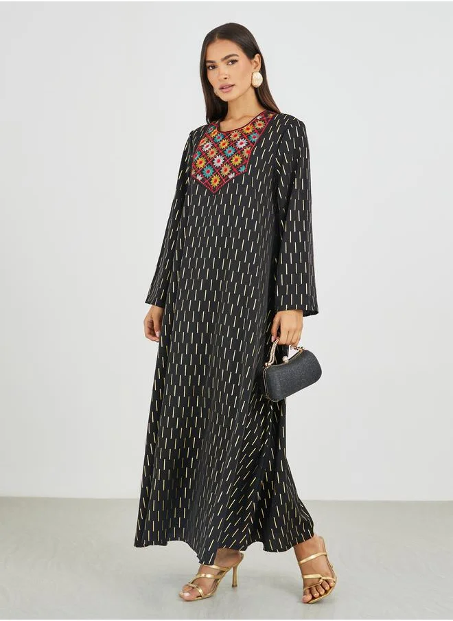 أميرة Amirah Embellished Foil Print A-Line Jalabiya