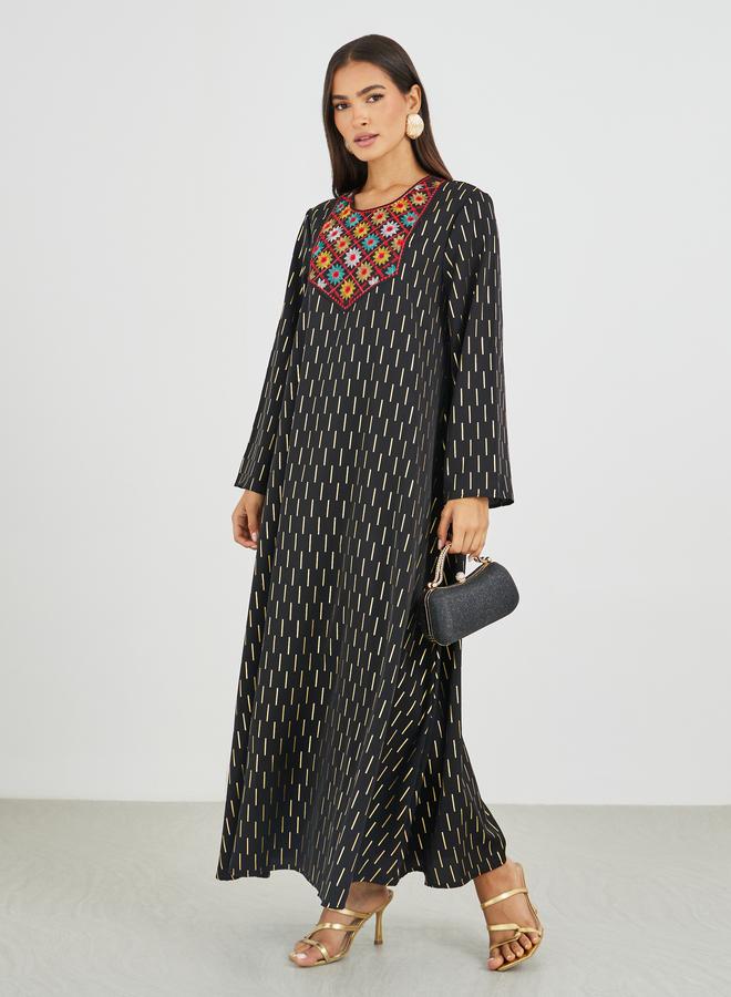 Amirah Embellished Foil Print A-Line Jalabiya - Image 2