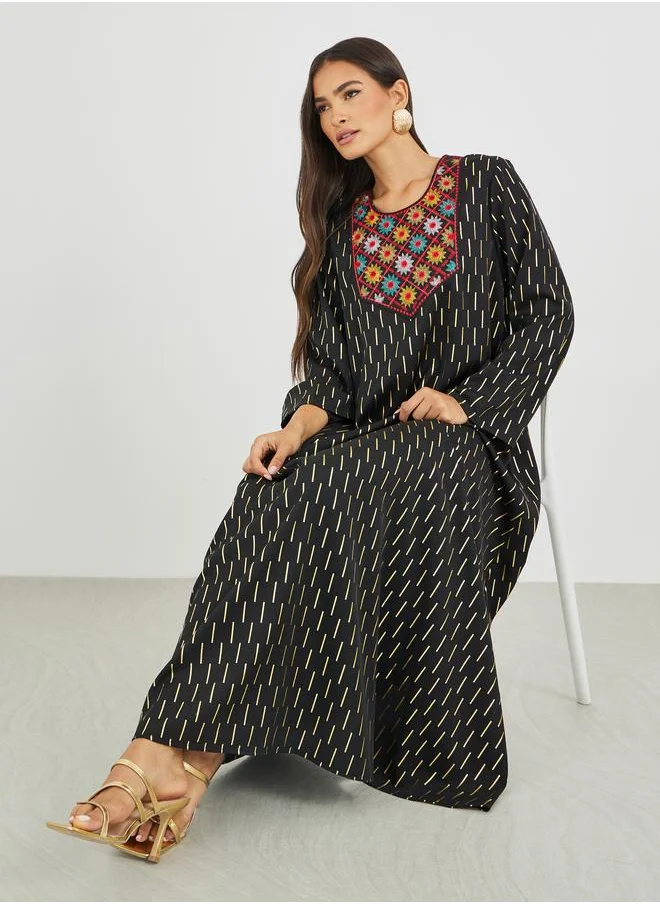 أميرة Amirah Embellished Foil Print A-Line Jalabiya