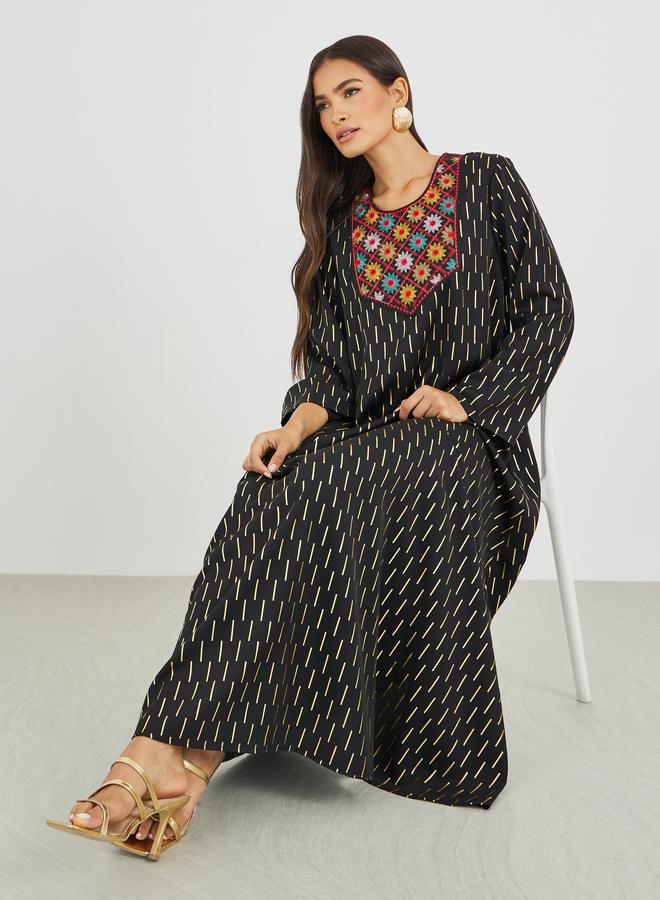 Amirah Embellished Foil Print A-Line Jalabiya - Image 1