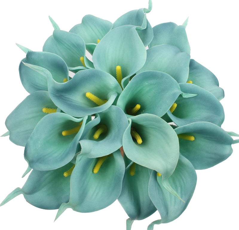 Duovlo 20pcs Calla Lily Bridal Wedding Bouquet Lataex Real Touch Artificial Flower Home Party Decor (Lake Blue) - Image 1