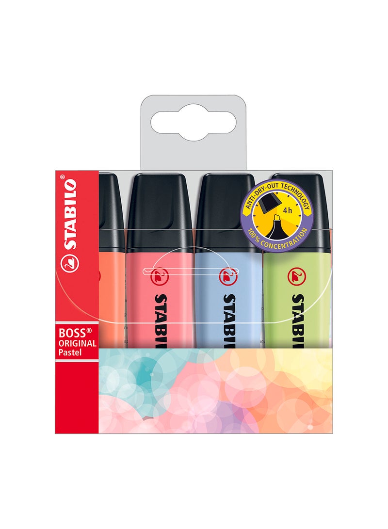 STABILO Highlighter Pen - Boss Original Pastel Wallet of 4 Assorted Colours, Coral Red, Cherry Blossom Pink, Cloud Blue, Lime - Image 1