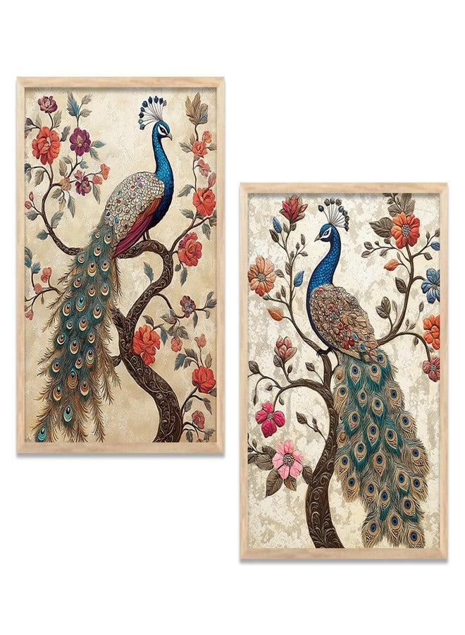 HOTHOUSE Peacock Art Painting for Wall Decoration | Traditional Indian Wall Art Madhubani Paintings | Framed Wall Art for Living Room, Home Office | Set of 2 (Art 6, 10x13 inch, Framed) - Image 1