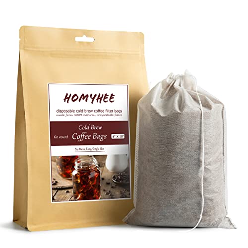 HOMYHEE Cold Brew Coffee Bags 60 Count Disposable Fine Mesh Brewing Bags for Concentrate/Iced Coffee Maker, French/Cold Press Kit, Hot Tea in Mason Jar or Pitcher, 6 x 10 Inches - Image 1