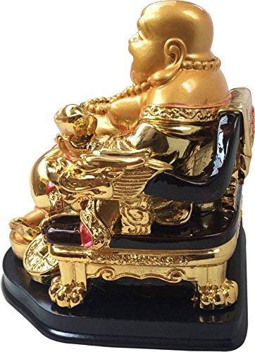 GJ Resin Feng Shui Laughing Buddha Sitting on Chair | Big Size Golden Idol | Home & Office Décor Showpiece | Good Luck & Prosperity | 13 cm (Big Size Golden) - Image 2