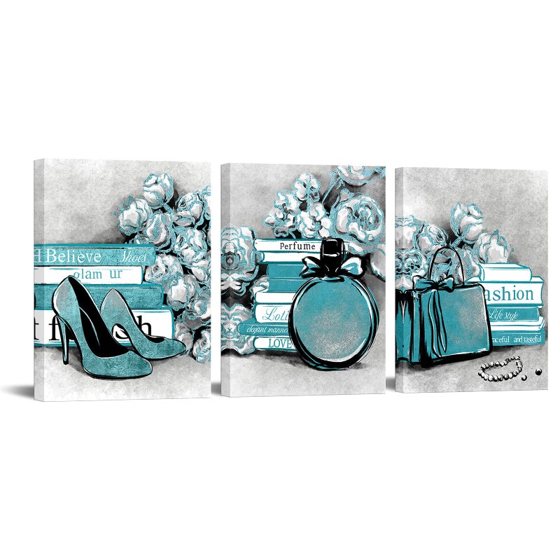 LevvArts 3 Piece Fashion Canvas Wall Art Glam High Heels Perfume Bags with Book Poster Art Painting Prints Framed Modern Teal and Grey Home Bathroom Beauty Room Decorations 12x16inchx3pcs