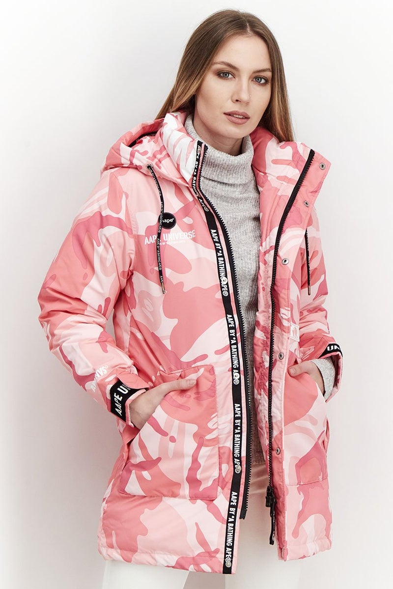 Aape By A Bathing Ape جاكيت بوفير مخطط للرجال مع غطاء رأس، زهري - Image 1