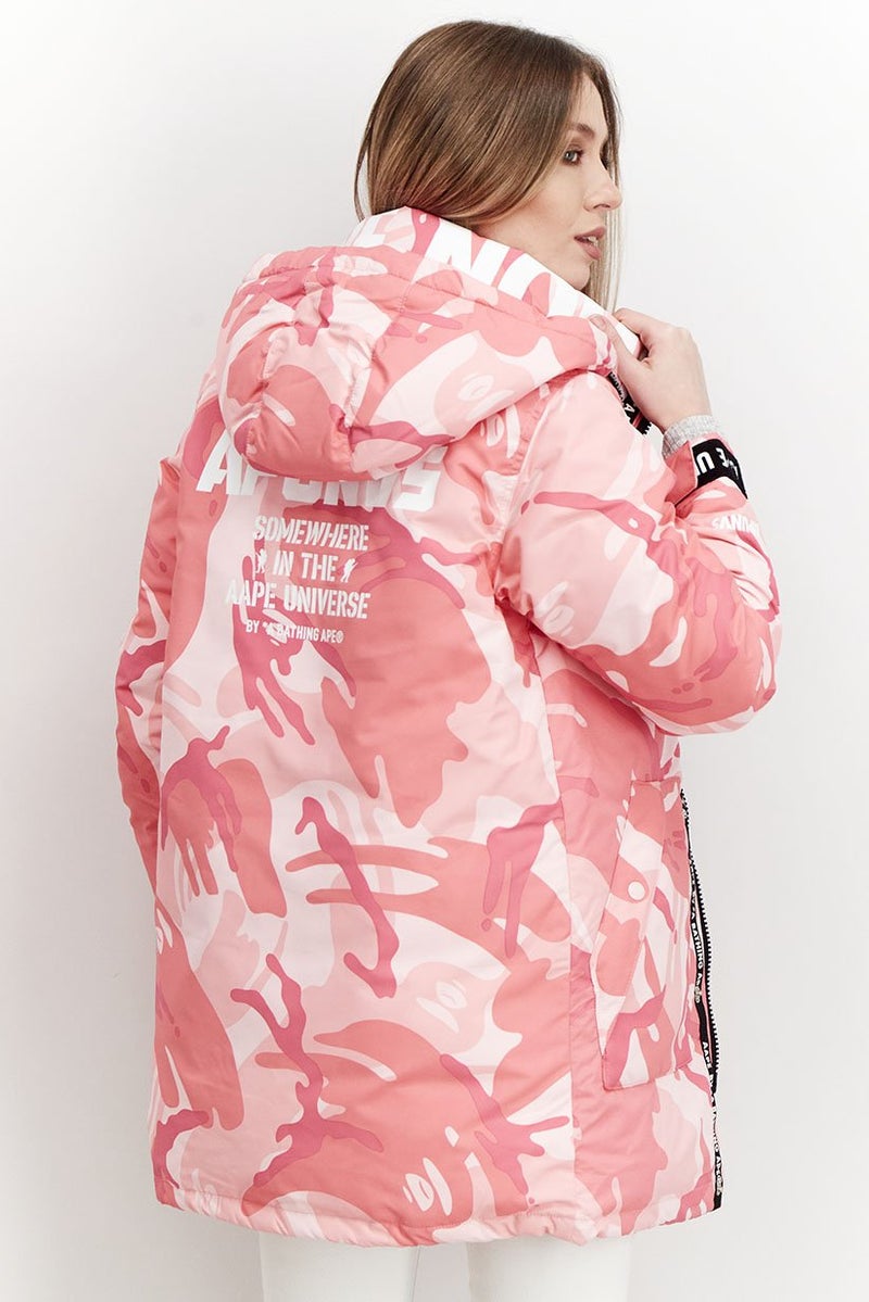 Aape By A Bathing Ape جاكيت بوفير مخطط للرجال مع غطاء رأس، زهري - Image 3