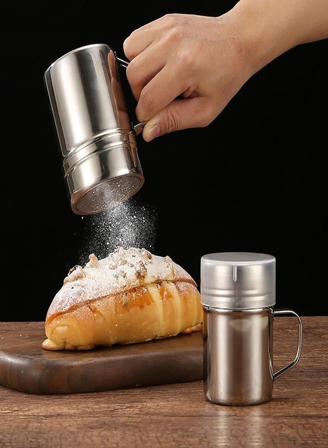 GSHLLO 2 Pcs Stainless Steel Powder Sugar Shaker Cinnamon Powder Shaker Duster Fine Mesh Shaker Powder Cans Cocoa Flour Shaker with Handle Lid for Cinnamon Pepper, Silver - Image 3
