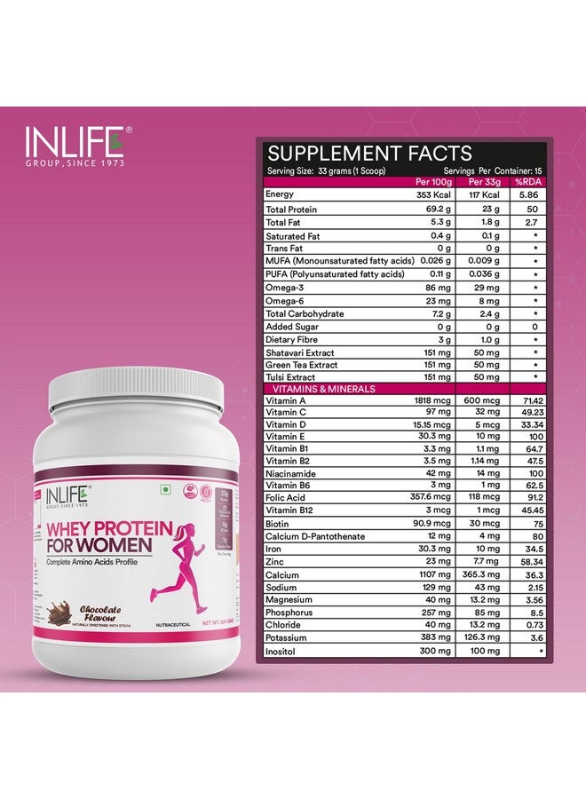 Inlife مسحوق بروتين مصل اللبن للنساء من INLIFE | أعشاب أيورفيدا، 23 جرام بروتين، 21 فيتامين ومعادن، أوميغا 3 6، إنزيمات هضمية، للشعر والبشرة والأظافر (500 جرام، شوكولاتة) - Image 2