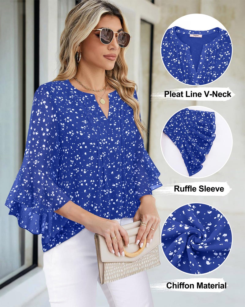 Timeson Business Casual Tops for Women: 3/4 Sleeve - Blouses for Women 2026 - Ladies Dress Shirts Trendy Work Attire Winter Fall Outfits Chiffon Office Dressy Tunics Slim Fit Spotted Blue XL - Image 4