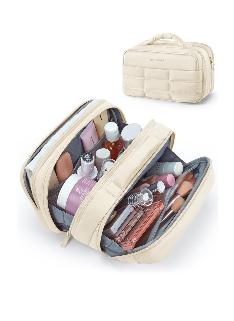 BAGSMART BAGSMART Toiletry Bag for Women, Travel Makeup Bag, Wide-open Portable Make Up Bag Organizer for Women for Travel Essentials Travel-Size Toiletries Accessories Bottles, Brushes, Beige  - Image 1