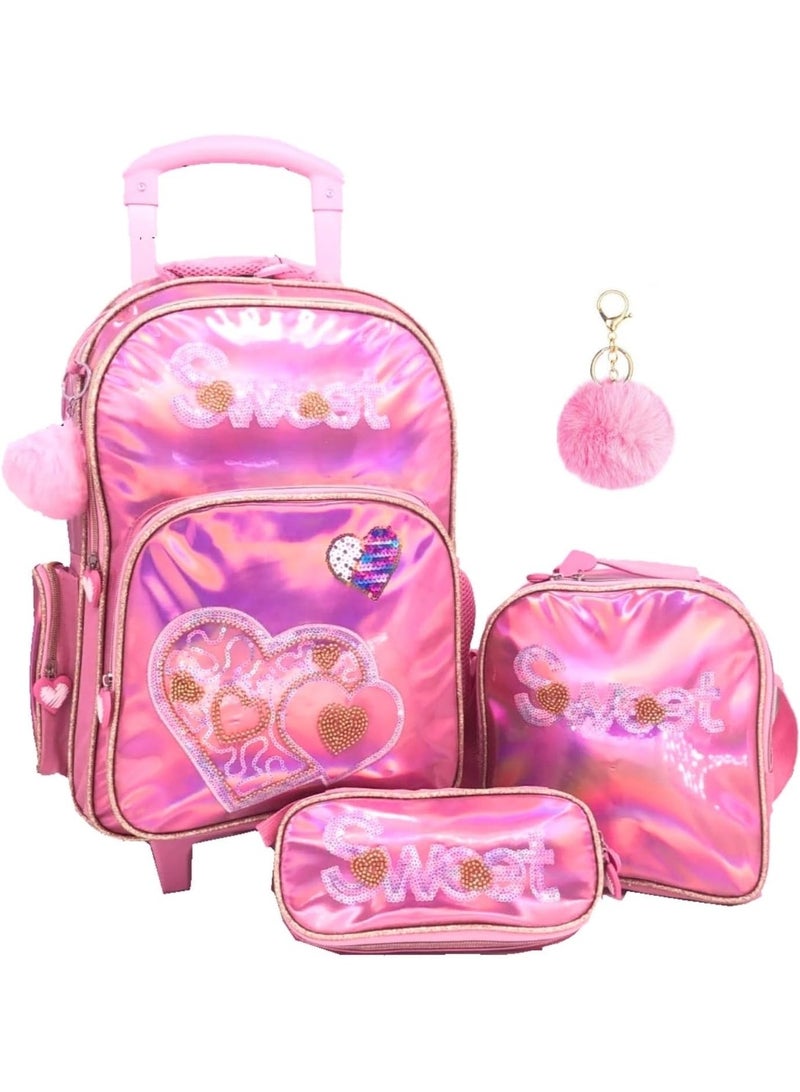 i-kola 18-Inch Pink Sweet Shining PU 3PCS Trolley Bag Set for Girls –School bag for boys – Rolling School Bag with Lunch Bag, Pencil Case, Side Bottle Holder – Multi-Compartment Kids School bags/travel bag (B862-18T3) - Image 1