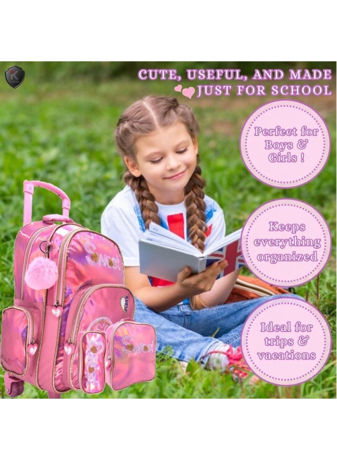 i-kola 18-Inch Pink Sweet Shining PU 3PCS Trolley Bag Set for Girls –School bag for boys – Rolling School Bag with Lunch Bag, Pencil Case, Side Bottle Holder – Multi-Compartment Kids School bags/travel bag (B862-18T3) - Image 4