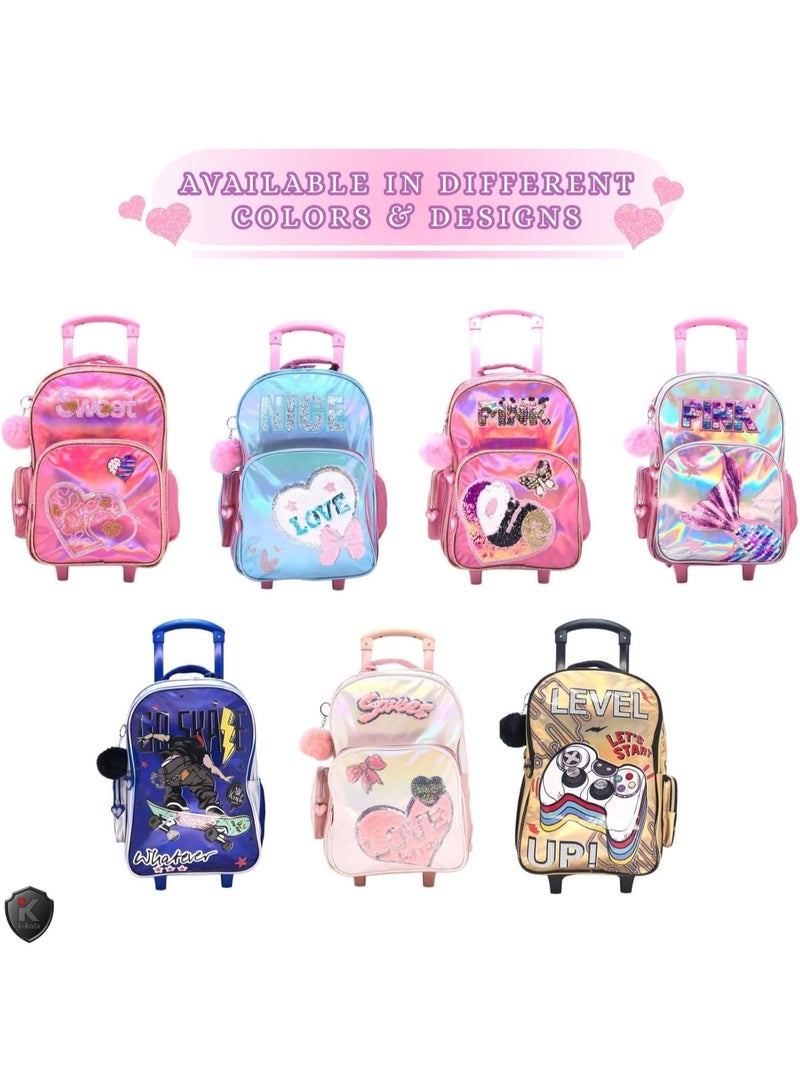 i-kola 18-Inch Pink Sweet Shining PU 3PCS Trolley Bag Set for Girls –School bag for boys – Rolling School Bag with Lunch Bag, Pencil Case, Side Bottle Holder – Multi-Compartment Kids School bags/travel bag (B862-18T3) - Image 2