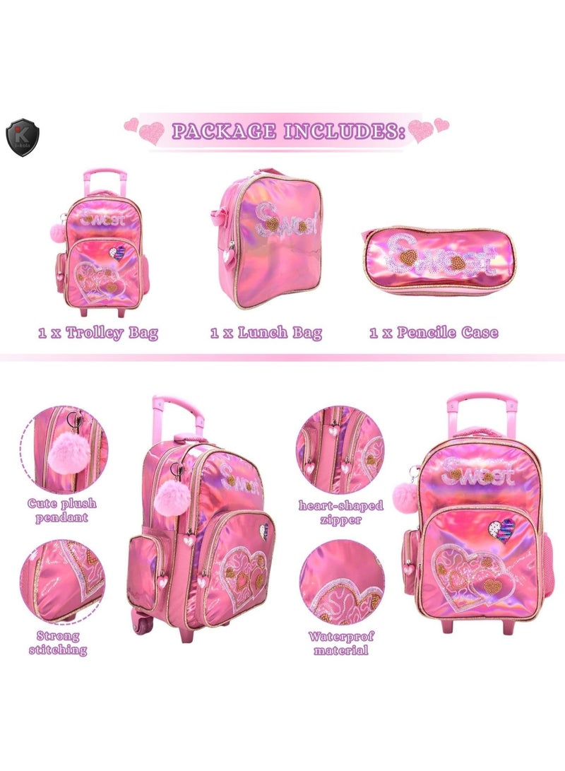i-kola 18-Inch Pink Sweet Shining PU 3PCS Trolley Bag Set for Girls –School bag for boys – Rolling School Bag with Lunch Bag, Pencil Case, Side Bottle Holder – Multi-Compartment Kids School bags/travel bag (B862-18T3) - Image 5