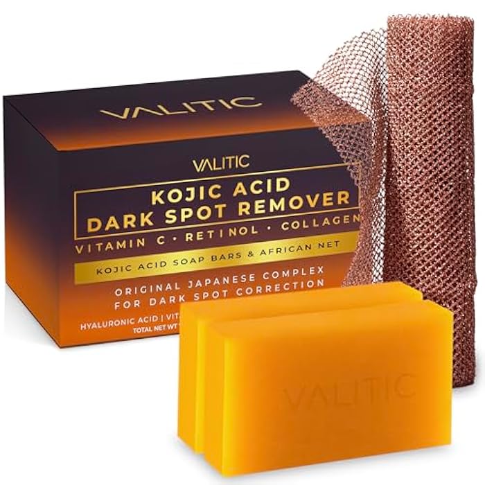 VALITIC Kojic Acid Dark Spot Remover Soap with Turmeric, Vitamin C, Retinol - Original Japanese Complex with Hyaluronic Acid, Vitamin E, Shea Butter, Castile Olive Oil - 2 Pack and African Net Sponge - Image 1