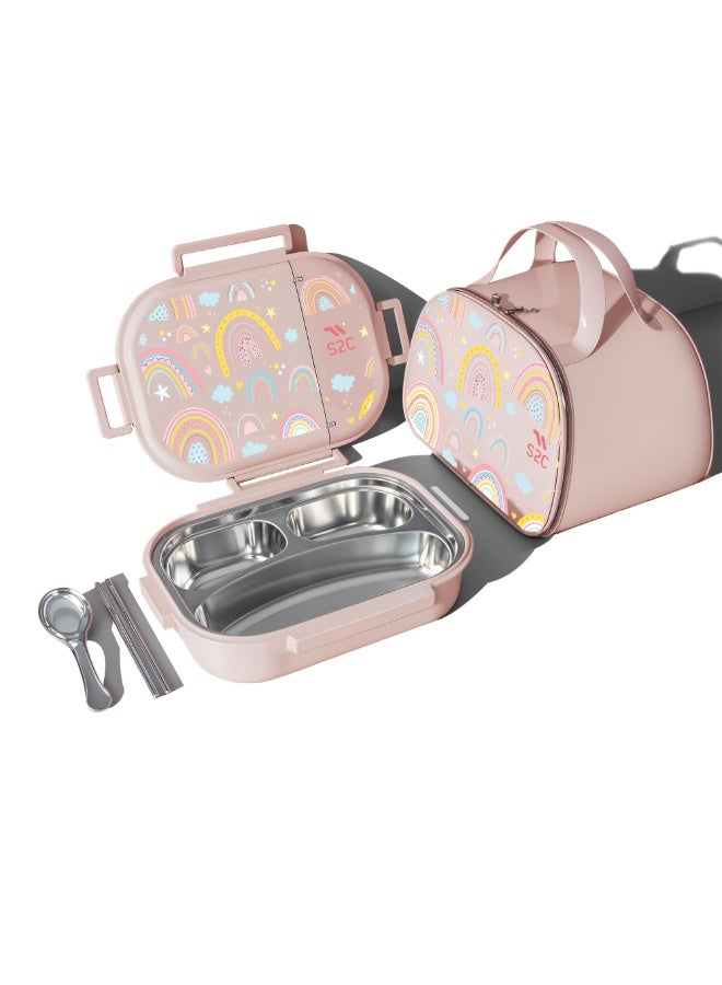 S2C LittleZen Kids Bento Lunch Box – Leak-Proof Compartmented Stainless Steel Lunch Box with Spoon | Microwavable BPA-Free Tray & Anti-Slip Base - Image 1