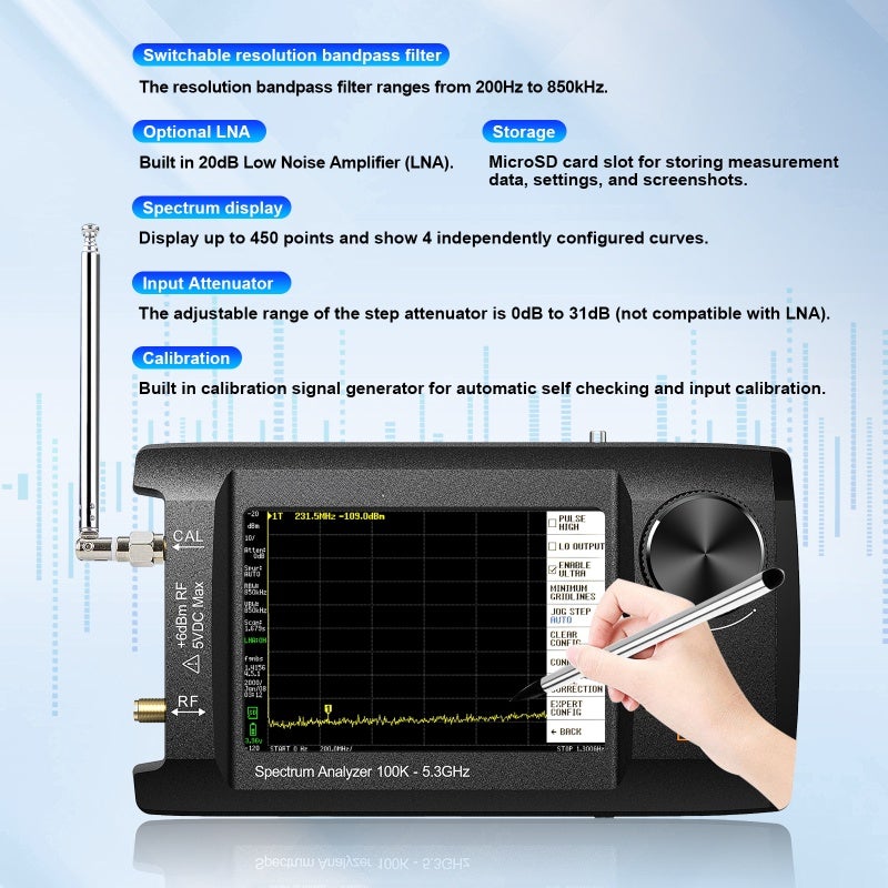 محلل طيف محمول مطور بشاشة IPS LCD قياس 4 بوصة SA5 محلل طيف متعدد الوظائف 100 كيلو هرتز - 5.3 جيجا هرتز مولد إشارة 2 في 1 بطارية مدمجة بسعة كبيرة 5000 مللي أمبير قابل للتوصيل بالكمبيوتر - Image 3