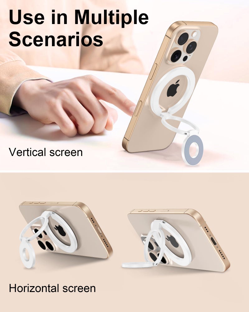 AILKIN MagSafe Phone Ring Holder, Dual-Side Magnetic Grip Stand with Metal Ring, Foldable Kickstand for iPhone 17 16 15 14 13 12, Wireless Charging Compatible, Works with Magnetic Car Mounts & Desks-White - Image 5